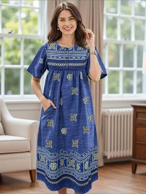 Vtg Loungees House Dress 1X Blue Cotton Geometric Border Print MuuMuu w/ Pockets